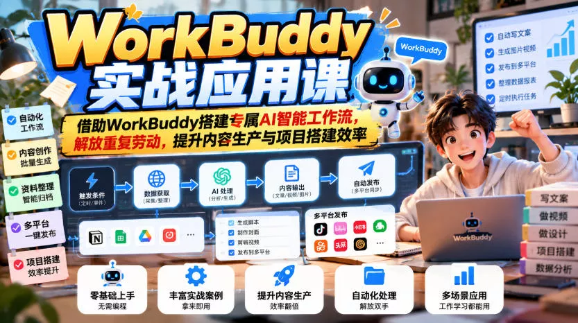 WorkBuddy实战应用课,借助WorkBuddy搭建专属AI智能工作流,解放重复劳动,提升内容生产与项目搭建效率祝你网--专注互联网创业.信息差副业研究拒绝割韭菜祝你网