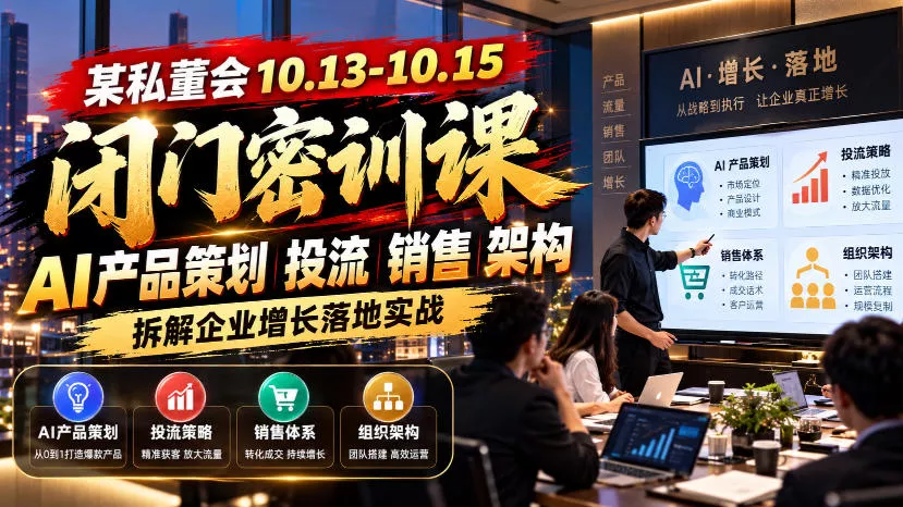 某私董会10.13-10.15闭门密训课，AI产品策划投流销售架构，拆解企业增长落地实战祝你网--专注互联网创业.信息差副业研究拒绝割韭菜祝你网