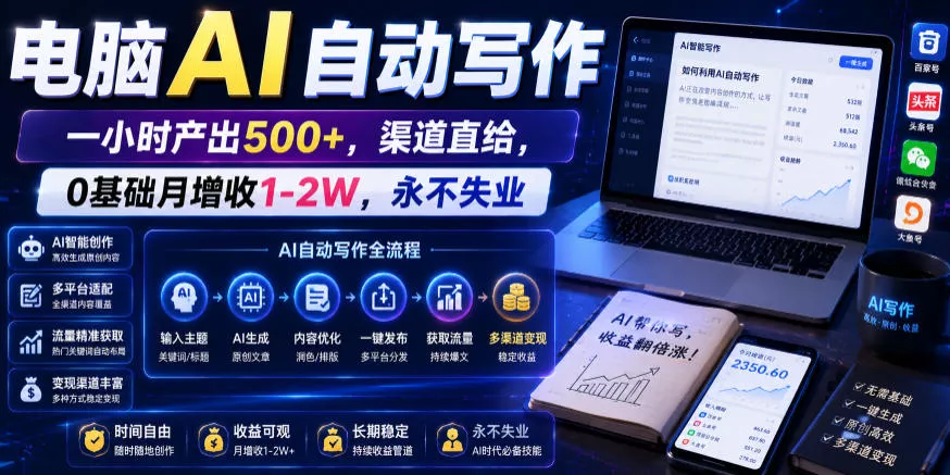 f8edfd351d0aeee79722b8a8a4793514.webp 电脑AI自动写作,一小时产出500+,渠道直给,0基础月增收1-2W,永不失业【揭秘】