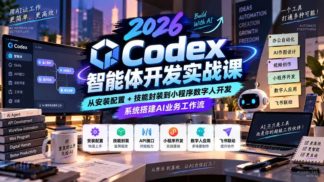 f9878012396f9165ff14732a6cdc8f92.webp 2026Codex智能体开发实战课:从安装配置+技能封装到小程序数字人开发,系统搭建AI业务工作流