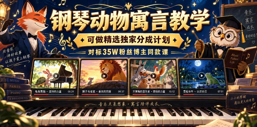 钢琴动物寓言教学,可做精选独家分成计划,对标35W粉丝博主同款课祝你网--专注互联网创业.信息差副业研究拒绝割韭菜祝你网