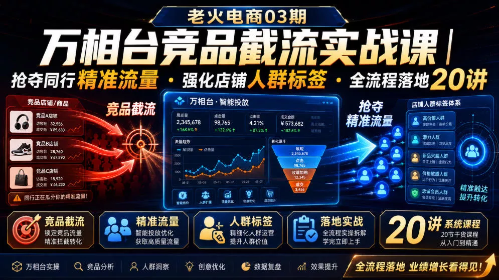 f9feea8a7540a443186f0ee21243cddb.webp 老火电商03期・万相台竞品截流实战课|抢夺同行精准流量・强化店铺人群标签・全流程落地20讲