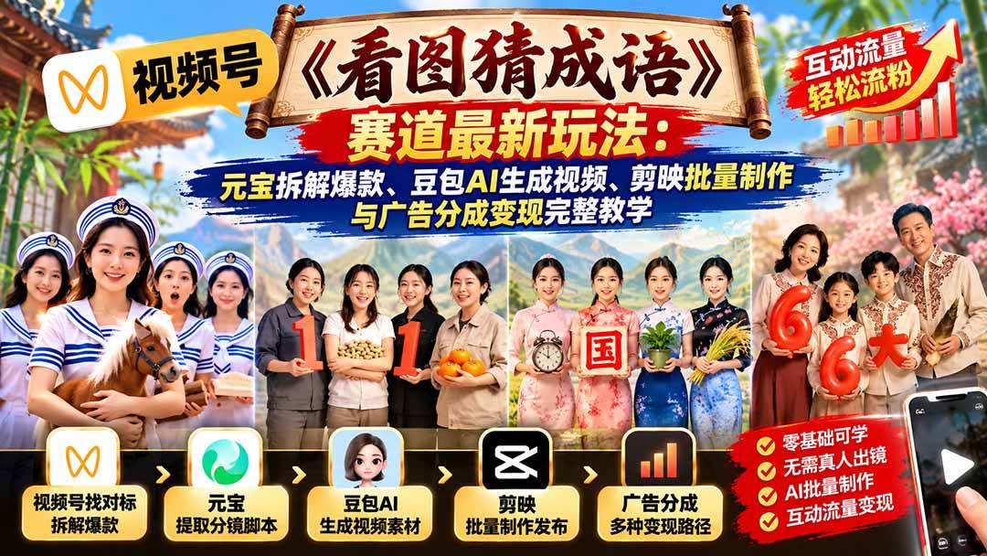 fa073187b9ab6d4767961e5ec63d2fc2.jpeg (21060期)视频号《看图猜成语》赛道最新玩法:元宝拆解爆款、豆包AI生成视频、剪映批量制作与广告分成变现完整教学