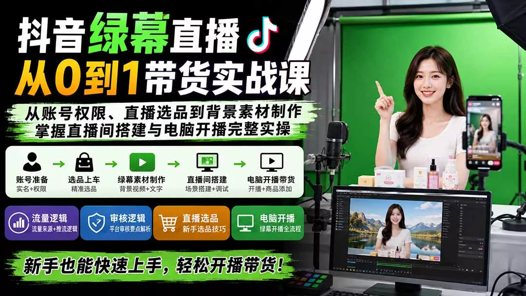 fa39d1ff81454f7bdb9e5f5ef8c2b643.webp 抖音绿幕直播从0到1带货实战课:从账号权限、直播选品到背景素材制作,掌握直播间搭建与电脑开播完整实操