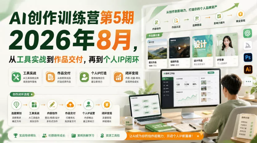 fa8f60adc58a2aa3a6ba471250c4d6a0.webp AI创作训练营第5期2026年8月,从工具实战到作品交付,再到个人IP闭环