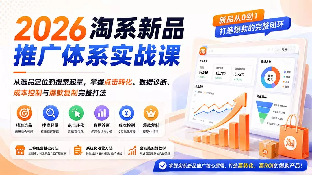 2026淘系新品推广体系实战课:从选品定位到搜索起量,掌握点击转化、数据诊断、成本控制与爆款复制完整打法祝你网--专注互联网创业.信息差副业研究拒绝割韭菜祝你网