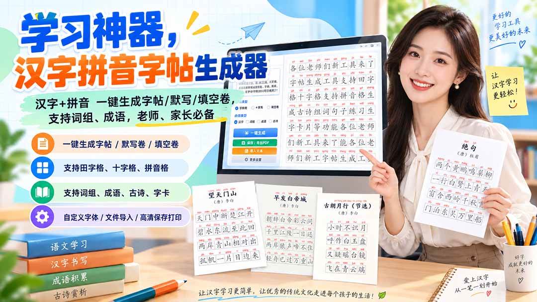 fbd0a3fe8c360d68507d5d15b2224e03.jpeg (20299期)学习神器,汉字拼音字帖生成器,汉字+拼音 一键生成字帖/默写/填空卷,支持词组、成语,老师、家长必备