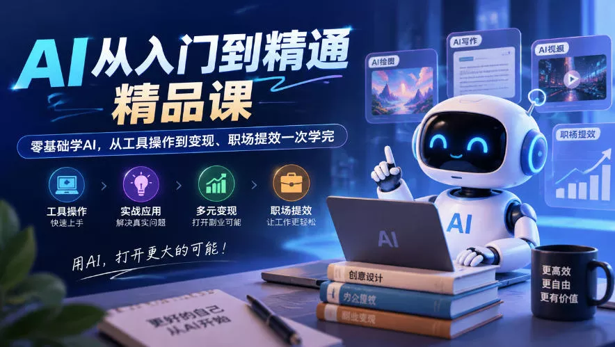 fbd300210b64ebb3839e2818d3acac4e.webp AI从入门到精通精品课,零基础学AI,从工具操作到变现、职场提效一次学完