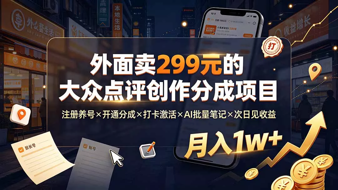 外面卖299元的大众点评创作分成项目:注册养号×开通分成×打卡激活×AI批量笔记×次日见收益,月入1w+祝你网--专注互联网创业.信息差副业研究拒绝割韭菜祝你网