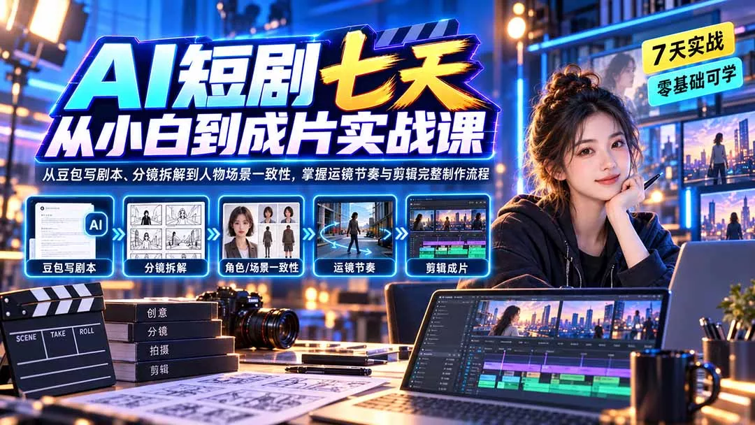 AI短剧七天从小白到成片实战课：从豆包写剧本、分镜拆解到人物场景一致性，掌握运镜节奏与剪辑完整制作流程祝你网--专注互联网创业.信息差副业研究拒绝割韭菜祝你网