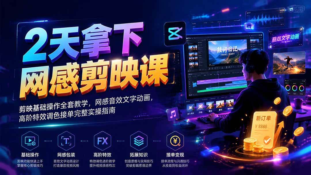 fc6233b6d48db9455f0947f2406a75a2.jpeg (19598期)2天拿下网感剪辑课|剪映基础操作全套教学,网感音效文字动画,高阶特效调色接单完整实操指南