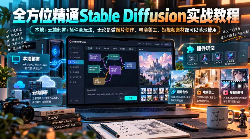 fc82d32cbf50fd771310fb210ac4ef4d.webp 全方位精通Stable Diffusion实战教程|本地+云端部署+插件全玩法,无论是做图片创作、电商美工、短视频素材都可以落地使用