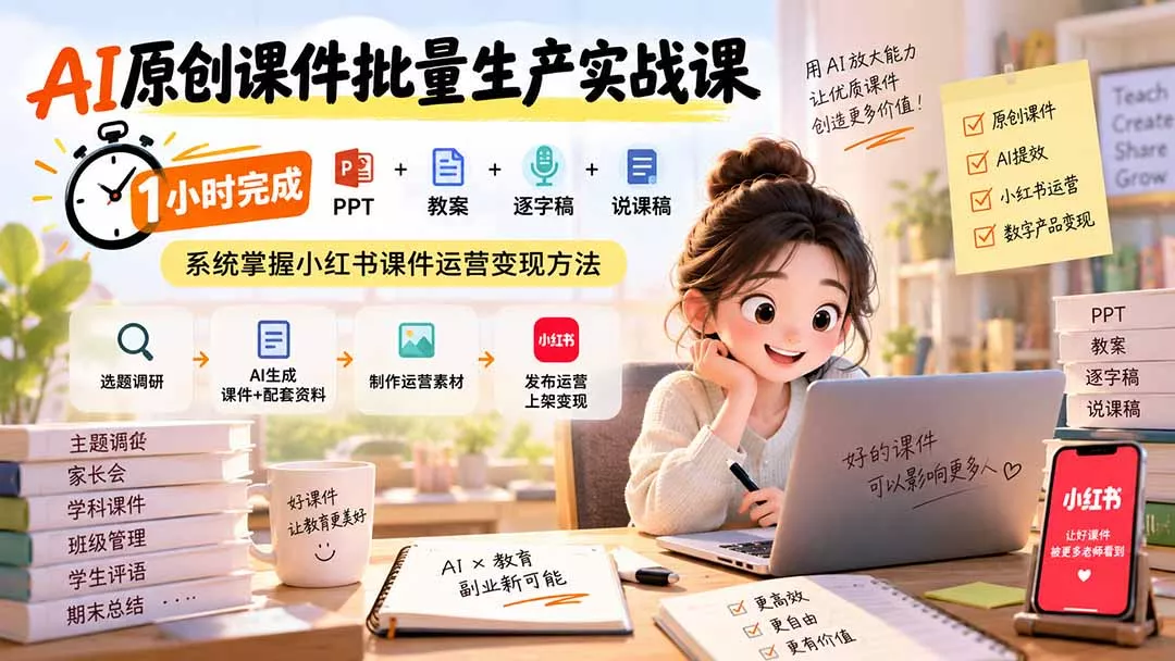 fcabc106cc6cb40753a20633b9960030.webp AI原创课件批量生产实战课:1小时完成PPT+教案+逐字稿+说课稿,系统掌握小红书课件运营变现方法