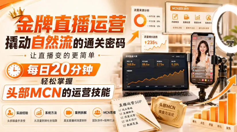 金牌直播运营撬动自然流的通关密码，让直播变的更简单，每日20分钟，轻松掌握头部MCN的运营技能祝你网--专注互联网创业.信息差副业研究拒绝割韭菜祝你网