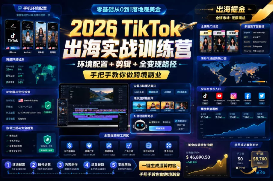 fd59bf27d54c68ff0678c200442c7985.webp 2026 TikTok出海实战训练营,环境配置 + 剪辑 + 全变现路径,手把手教你做跨境副业