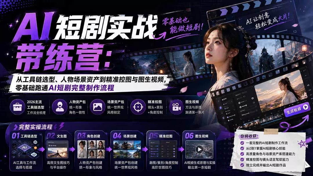 AI短剧实战训练营:从工具链选型、人物场景资产到精准控图与图生视频,零基础跑通AI短剧完整制作流程祝你网--专注互联网创业.信息差副业研究拒绝割韭菜祝你网