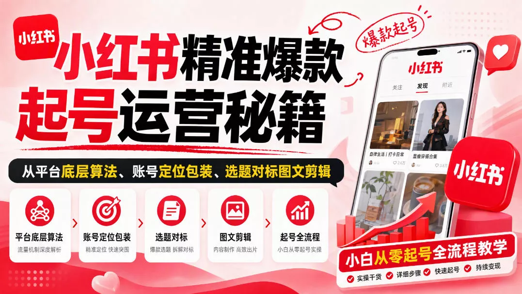 fd7a2ee8c6e3094d46265d616fbcbc8c.webp 小红书精准爆款起号运营秘籍,从平台底层算法、账号定位包装、选题对标图文剪辑,小白从零起号全流程