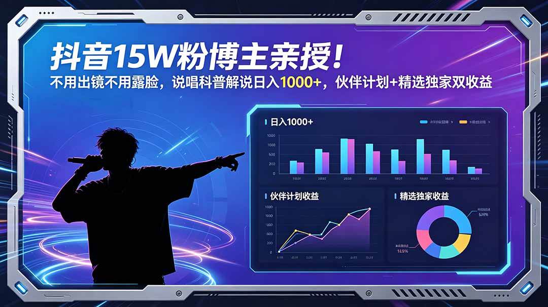 (18863期)抖音15W粉博主亲授!不用出镜不用露脸,说唱科普解说日入1000+,伙伴计划+精选独家双收益祝你网--专注互联网创业.信息差副业研究拒绝割韭菜祝你网