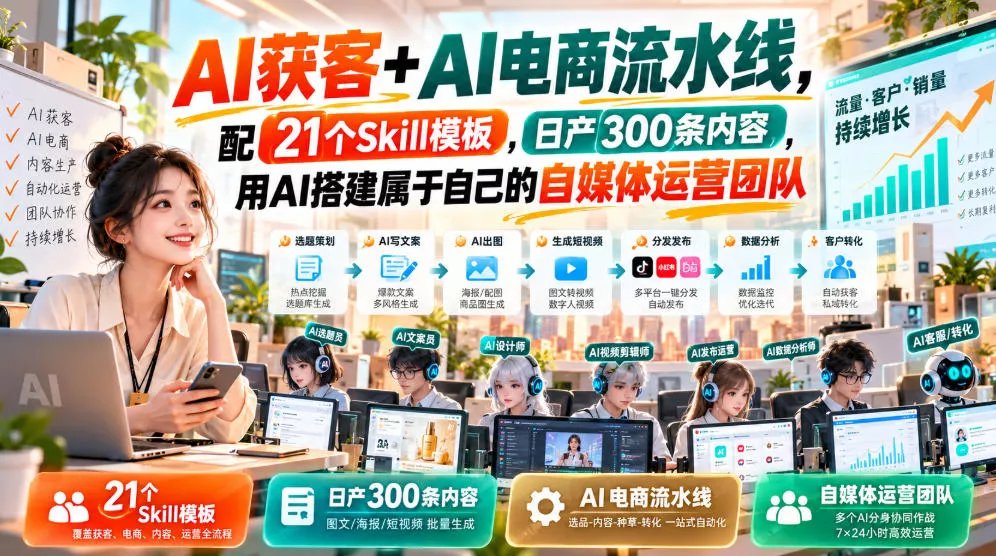AI获客+AI电商流水线，配21个Skill模板，日产300条内容，用AI搭建属于自己的自媒体运营团队祝你网--专注互联网创业.信息差副业研究拒绝割韭菜祝你网