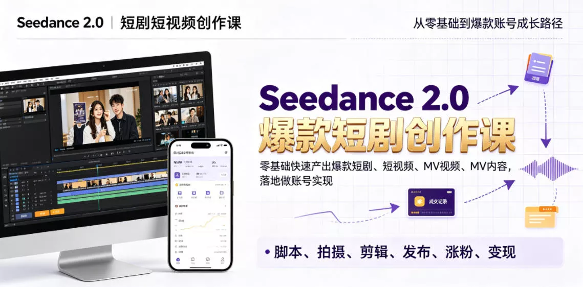 fde38085e8a0d1e02e20b0973c0a7fe2.webp Seedance 2.0短剧短视频创作课,零基础快速产出爆款短剧、短视频、MV内容,落地做账号实现变现