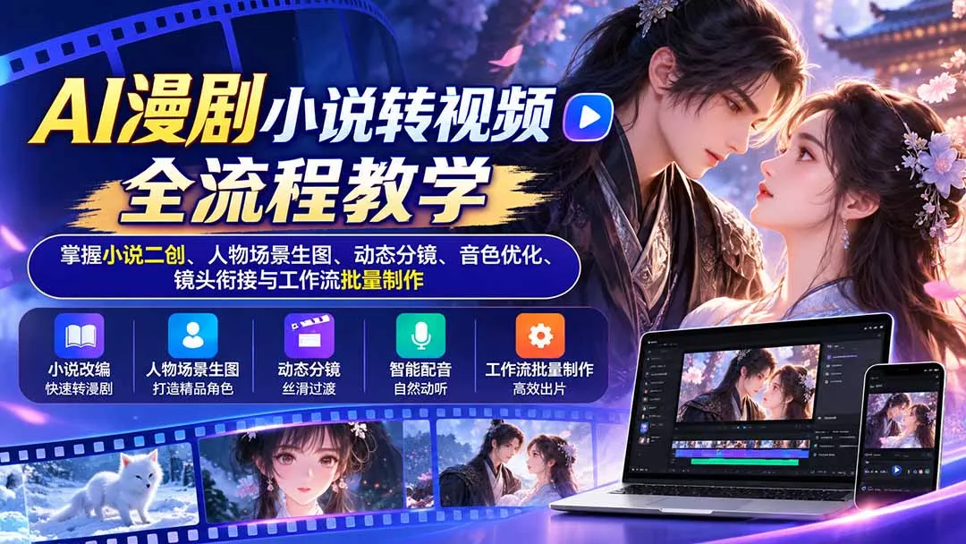 fe3b6df31b769898b98305e11b6e0e55.webp AI漫剧小说转视频全流程教学:掌握小说二创、人物场景生图、动态分镜、音色优化、镜头衔接与工作流批量制作