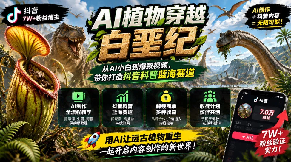 fe63161b584a80907c18b8d3136bab6c.webp 抖音7W粉丝博主的AI植物穿越白垩纪教学,抖音科普蓝海赛道,解锁商单收徒伙伴计划等多种收益