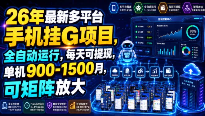 26年最新多平台手机挂G项目，全自动运行，每天可提现，单机900-1500月，可矩阵放大【揭秘】祝你网--专注互联网创业.信息差副业研究拒绝割韭菜祝你网