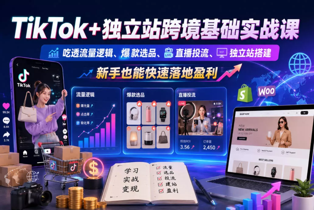 TikTok+独立站跨境基础实战课，吃透流量逻辑、爆款选品、直播投流与独立站搭建，新手也能快速落地盈利祝你网--专注互联网创业.信息差副业研究拒绝割韭菜祝你网