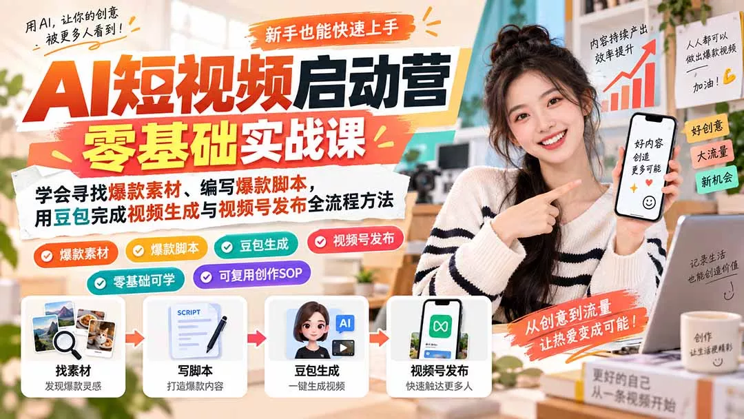 ff7acae44f9d654fe569a68b837a8ab5.webp AI短视频启动营零基础实战课:学会寻找爆款素材、编写爆款脚本,用豆包完成视频生成与视频号发布全流程方法
